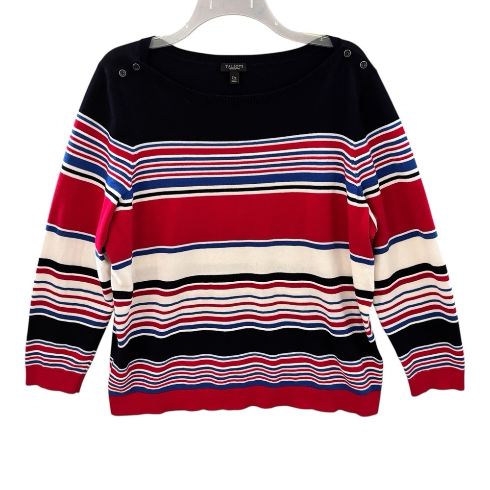 Talbots Sweater 2X Petite Striped Red White Blue Boat Neck Nautical Preppy Yacht